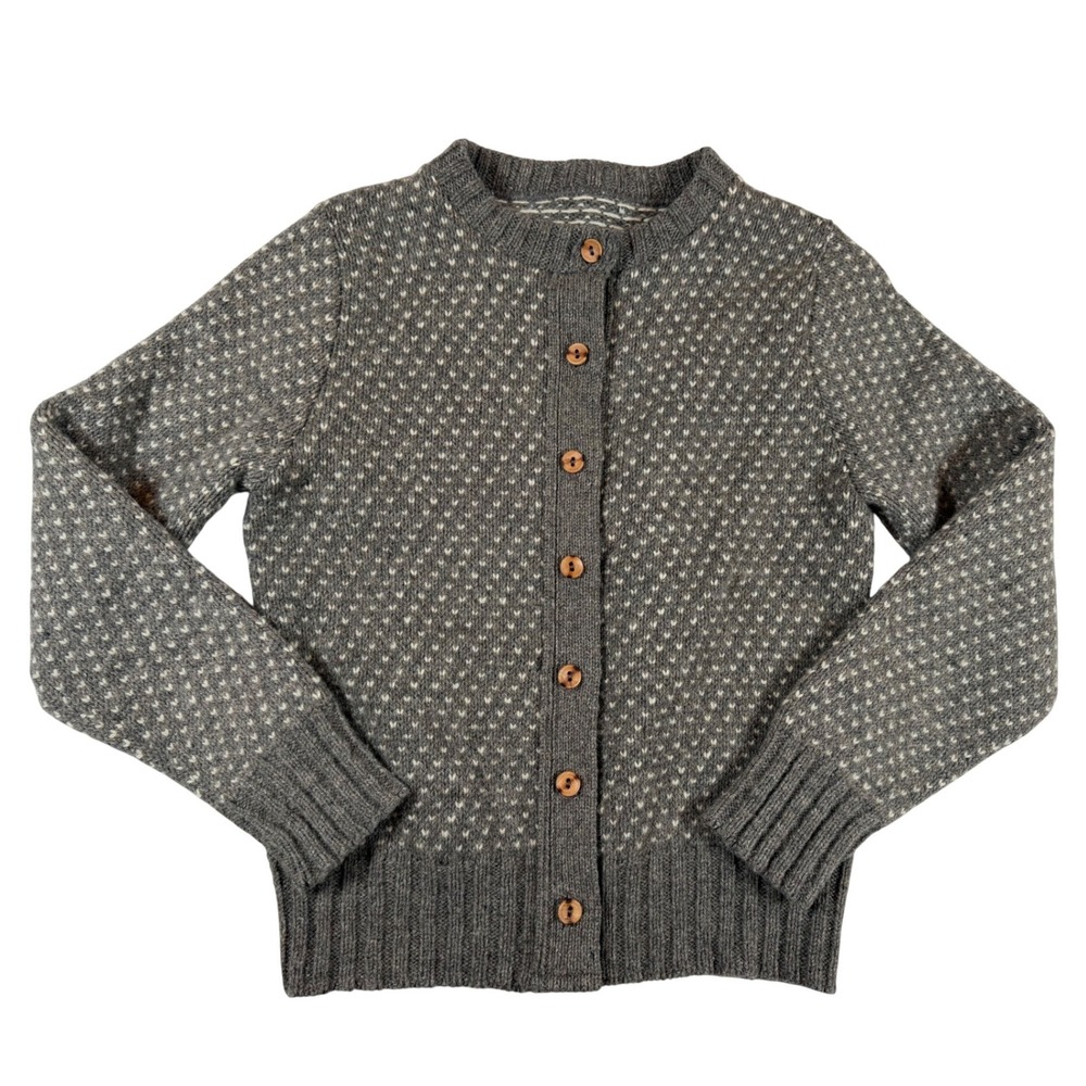 Vintage Grey Birds Eye Wool Blend Knit Cardigan Sweater Wood Buttons Cottagecore